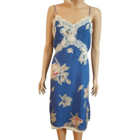 Women's French Connection Blue Floral Lace Sleeveless Midi Slip Dress Size 4 EUC - Picture 1 of 6